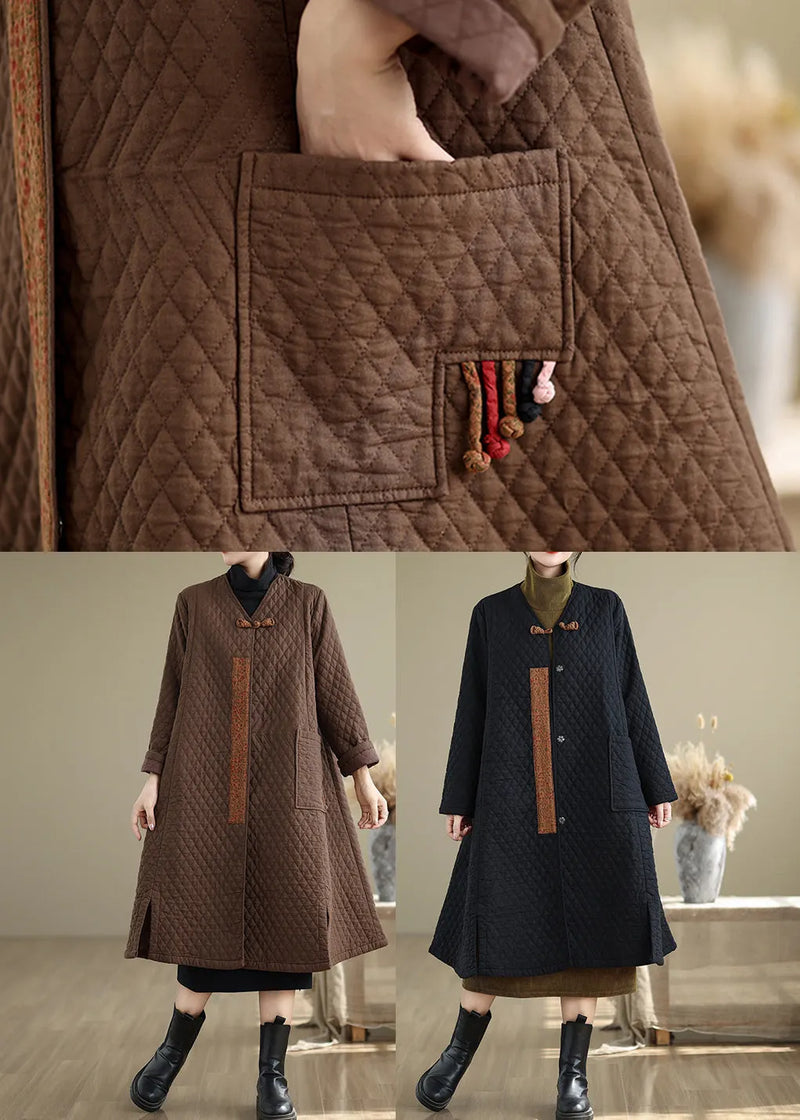 Coffee Pockets Fine Cotton Filled Retro Coats V Neck Winter