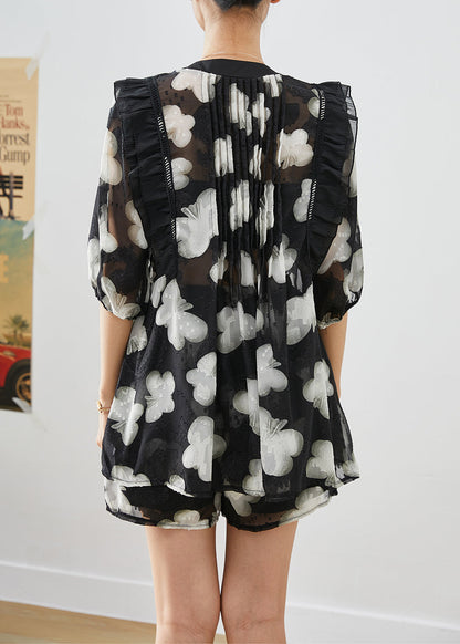 Diy Black Print Ruffled Patchwork Wrinkled Chiffon Two-piece Set Summer