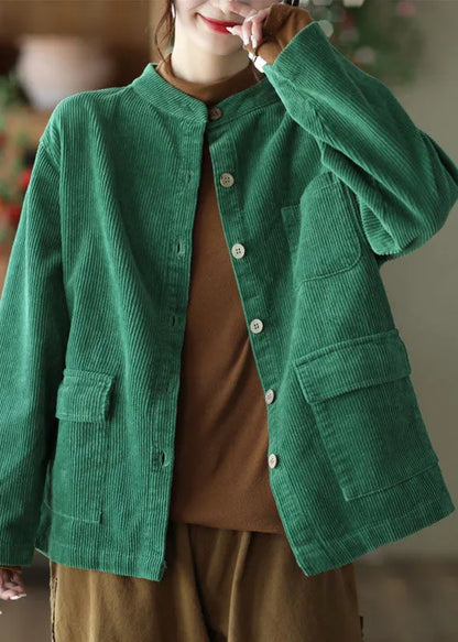 Boutique Yellow Stand Collar Pockets Corduroy Coats Fall
