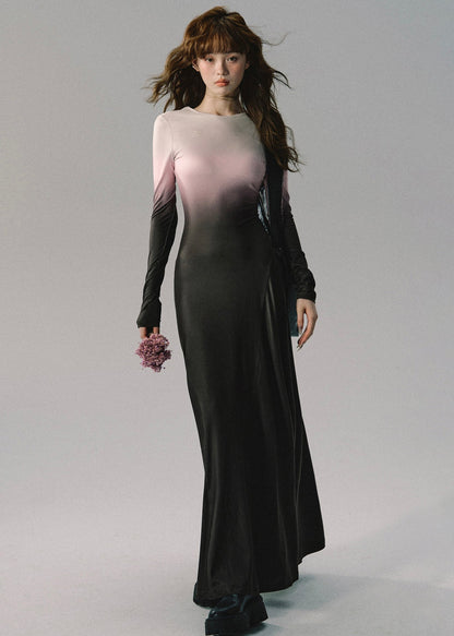 Italian Gradient Color Lace Up Cotton Long Dresses Long Sleeve