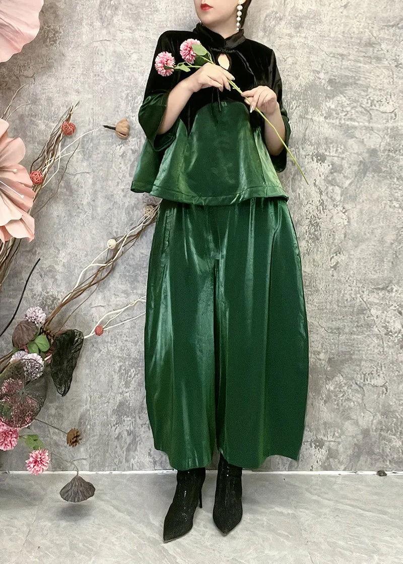 Green Stand Collar Tasseled Patchwork Velour Two Piece Set Spring