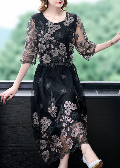 Black Patchwork Tulle Holiday Dress O-neck Embroideried Half Sleeve