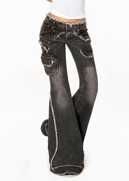 Retro Dark Grey High Waist Pockets Patchwork Jeans Summer