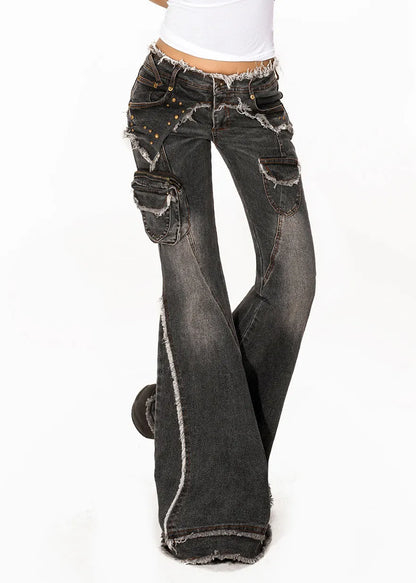Retro Dark Grey High Waist Pockets Patchwork Jeans Summer
