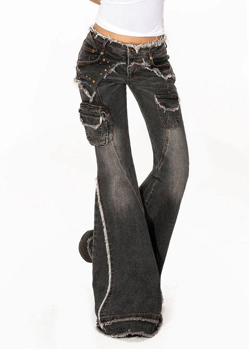 Retro Dark Grey High Waist Pockets Patchwork Jeans Summer