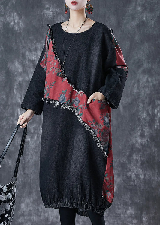 Black Asymmetrical Patchwork Denim Holiday Dress Fall