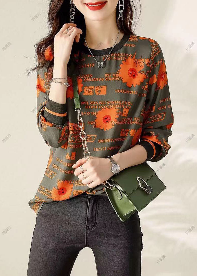 Classy Army Green Print Cotton Tops Spring