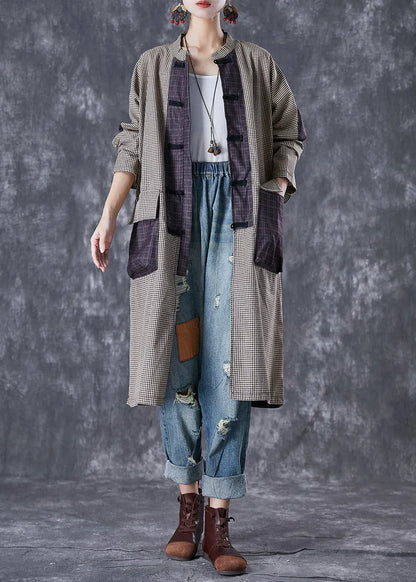 Plaid Patchwork Pockets Cotton Long Blouses Fall