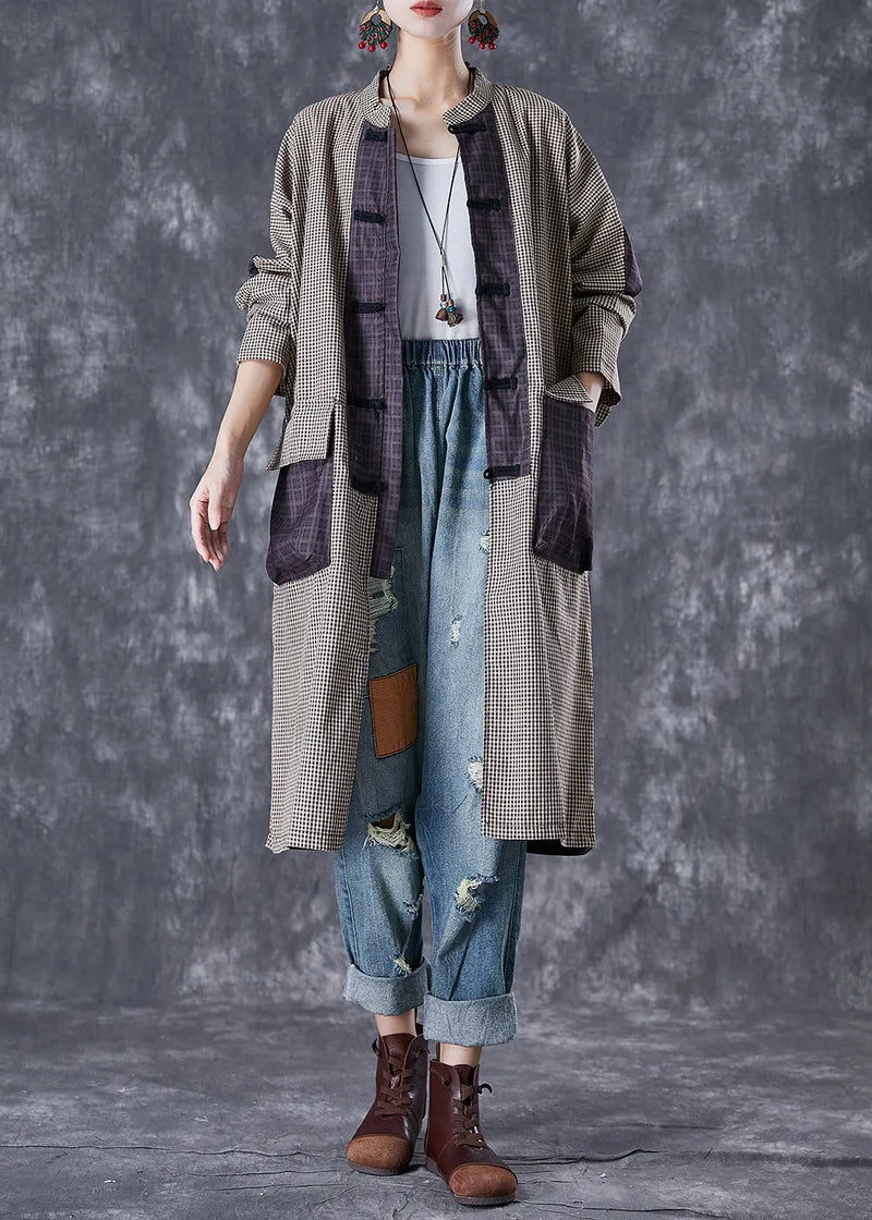Plaid Patchwork Pockets Cotton Long Blouses Fall