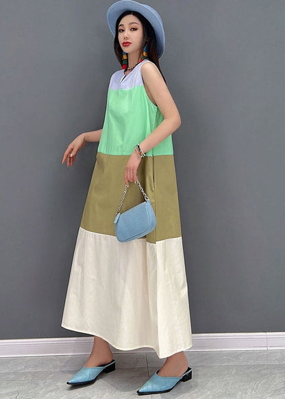 Slim Fit Colorblock O-neck Patchwork Cotton Holiday Long Dress Sleeveless
