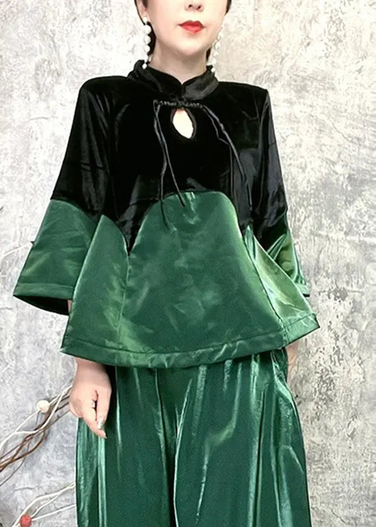 Green Stand Collar Tasseled Patchwork Velour Two Piece Set Spring