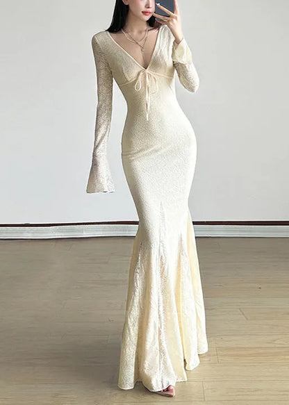 White V Neck Exra Large Hem Lace Ankle Dress Spring