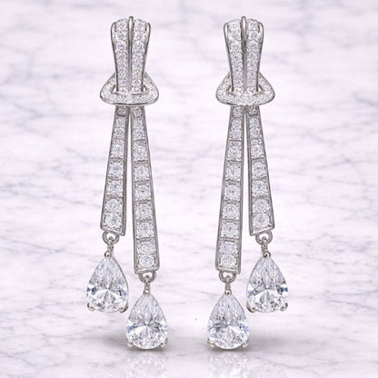 “renley” Art Deco Drop Earrings – Silver Pavé Bow & Pear Cut Statement Earrings