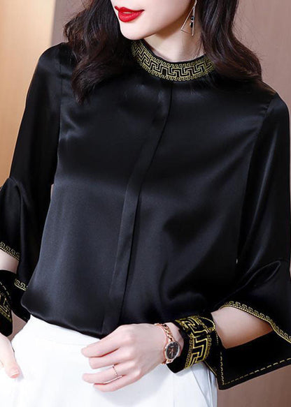 Black Stand Collar Embroideried Ruffles Silk Shirt Spring