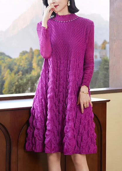 Purple Stand Collar Zircon Wrinkled Mid Dresses Fall