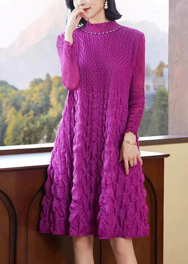 Purple Stand Collar Zircon Wrinkled Mid Dresses Fall