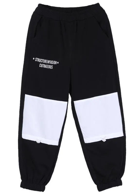 Natural Black Elastic Waist Patchwork Pants Summer Cotton