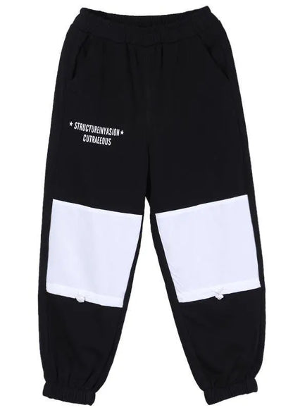 Natural Black Elastic Waist Patchwork Pants Summer Cotton