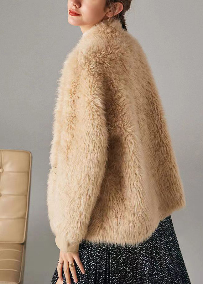 Fitted White Pockets Button Leather and Fur Coats Long Sleeve