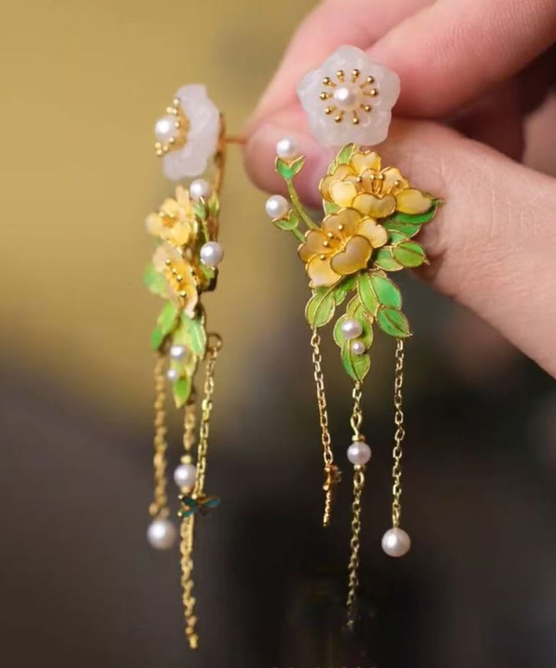 Gold Sterling Silver Overgild Jade Tassel Drop Earrings