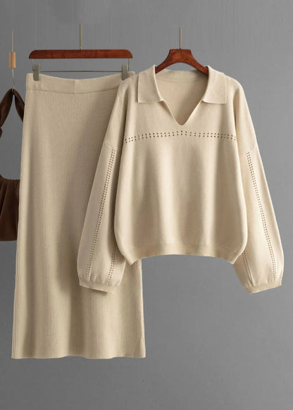 New Brown Hollow Out Tops and Skirts Knit Two Pieces Set Spring