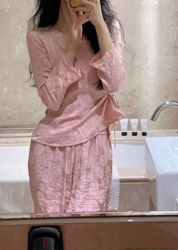Jacquard Red O-neck Tie Waist Pajamas Two Pieces Set Spring
