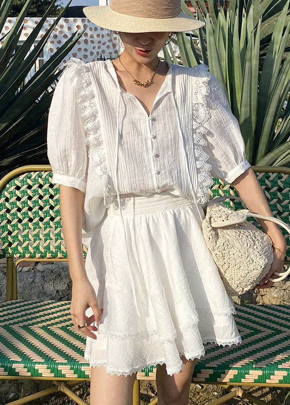Art White Lace Up Lace Shirts and Skirts Cotton Two-piece Set Summer