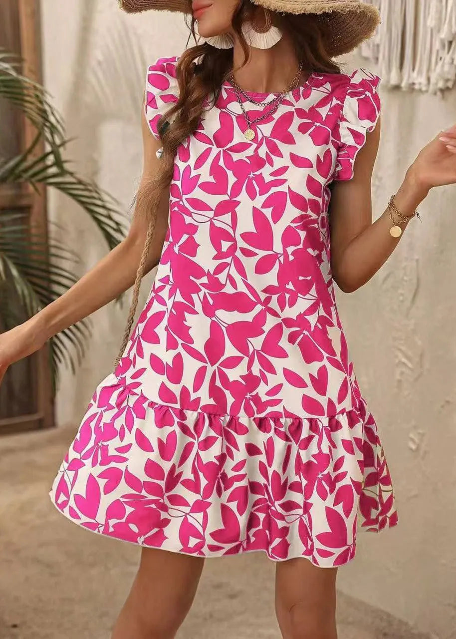 Rose O Neck Print Cotton Mid Dress Butterfly Sleeve