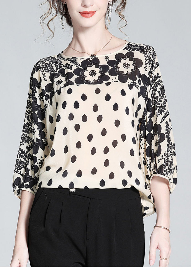 Apricot O-neck Print Silk Shirts Long Sleeve
