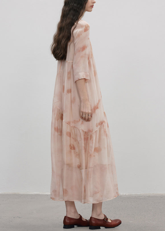 Boutique Pink O-neck Print Patchwork Silk Dresses Summer