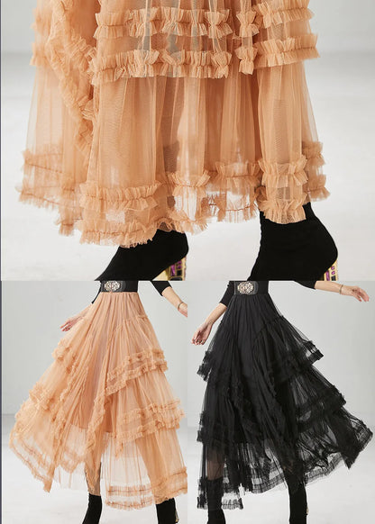 French Black Elastic Waist Ruffled Tulle a Line Skirt Fall