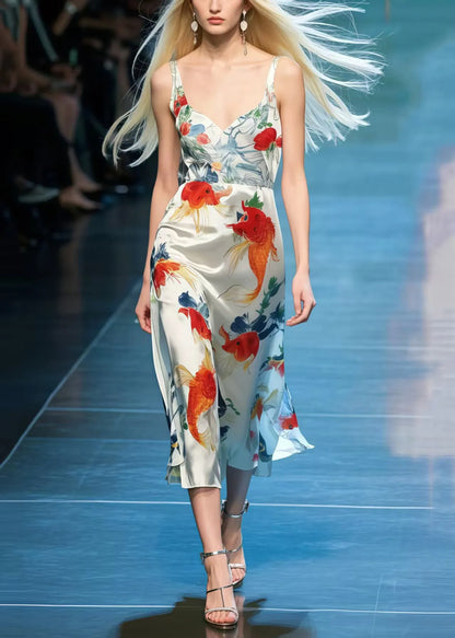 Koi Fish Print Draping Silk Cami Dresses Summer