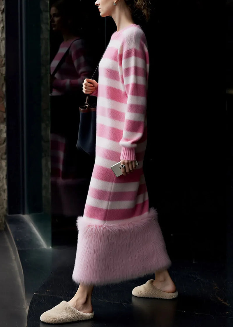New Pink O Neck Striped Patchwork Knit Long Sweater Dress Spring