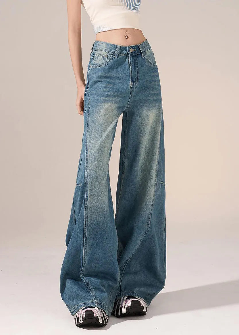 French Blue Pockets Lace Patchwork Denim Pants Spring