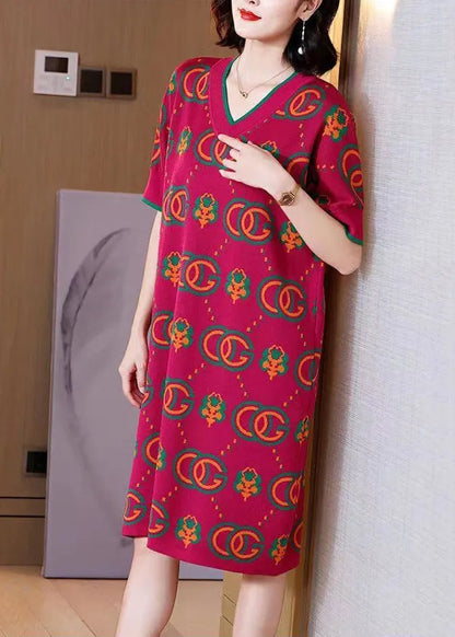 Rose V Neck Print Knit Dress Short Sleeve