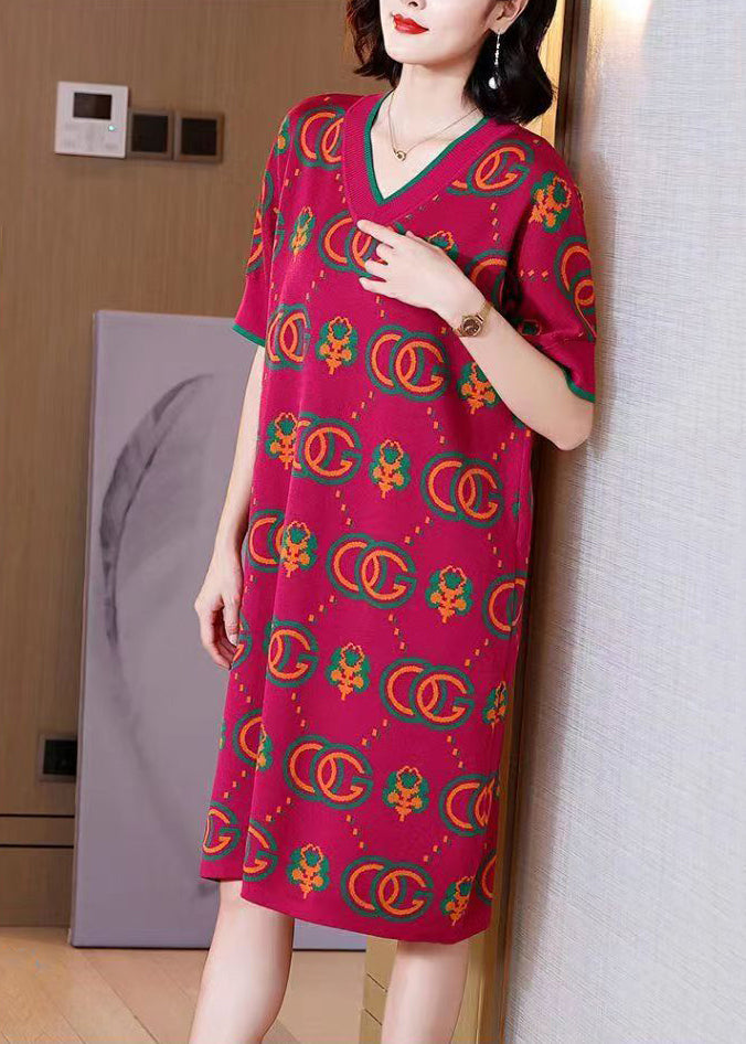 Rose V Neck Print Knit Dress Short Sleeve