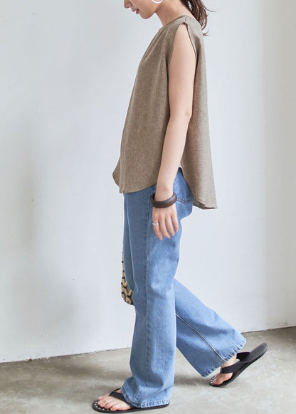 Grey O-neck Wrinkled Linen Tops Sleeveless