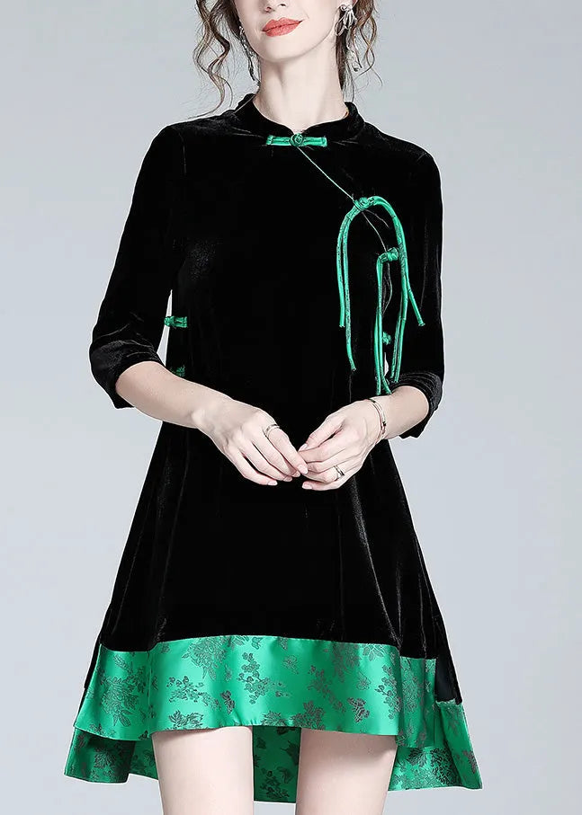 Black Stand Collar Print Low High Design Silk Velour Maxi Dresses Long Sleeve
