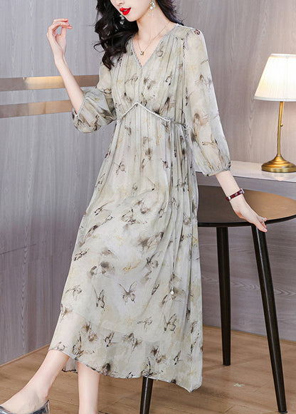 V Neck Print Lace Up Chiffon Long Dress Lantern Sleeve