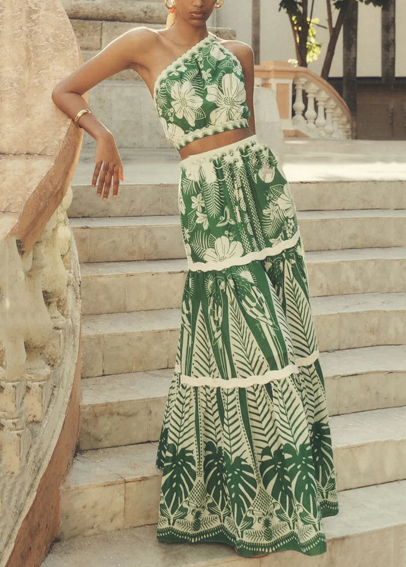 Vacation Style One Shoulder Short Top and High Waisted Skirt Set