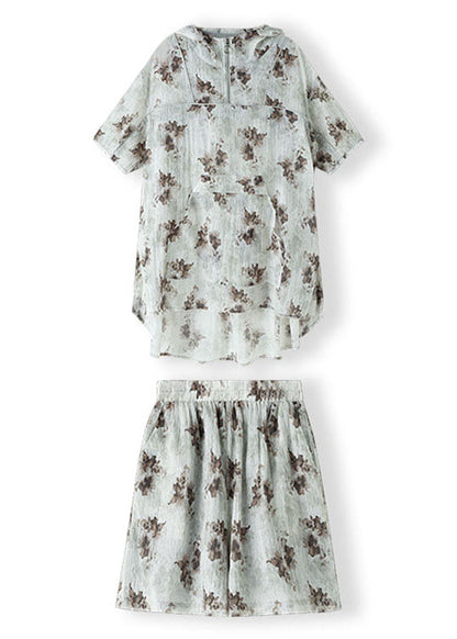 Brief Blue Grey Print Silk Hooded Shorts Top and Two Pieces Set Summer