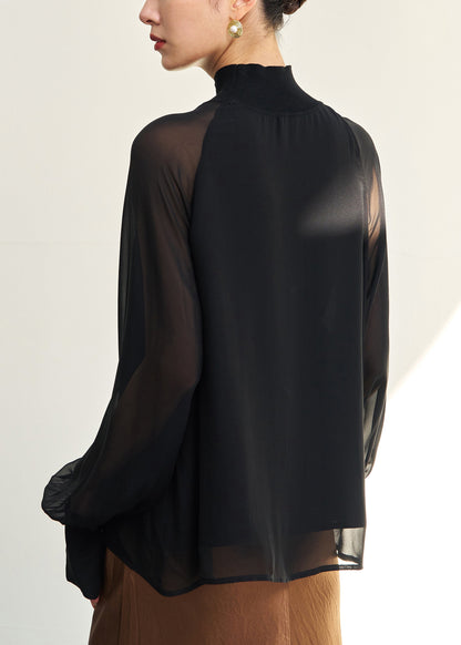 Loose Black Turtleneck Thin Silk Shirt Fall