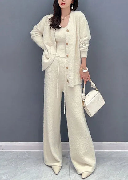 Beige Button Elastic Waist Patchwork Cotton Knit Three Pieces Set Fall