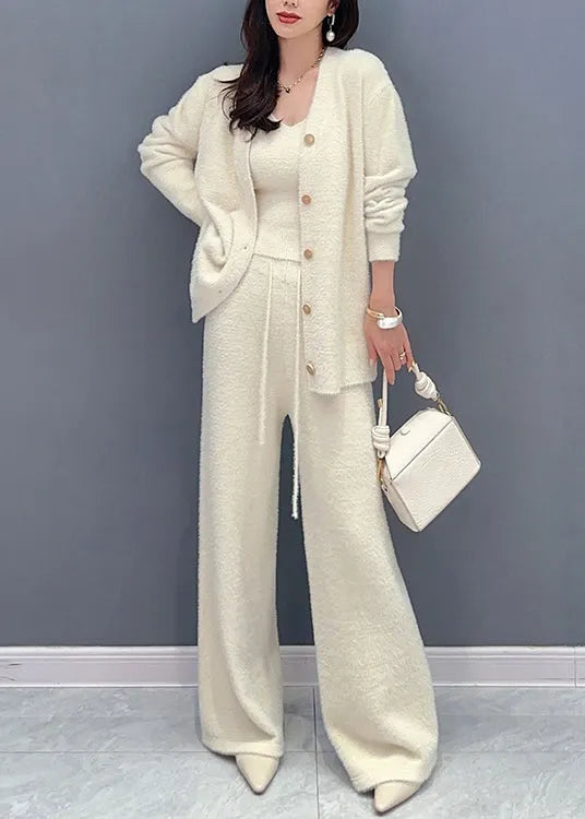 Beige Button Elastic Waist Patchwork Cotton Knit Three Pieces Set Fall