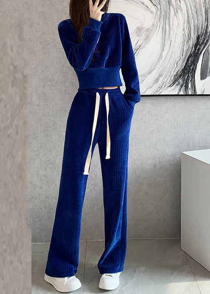 Natural Blue O-neck Top and Wide Leg Pants Two Pieces Set Long Sleeve