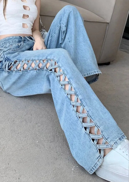 Fitted Light Blue High Waist Hollow Out Wide Leg Jeans Fall
