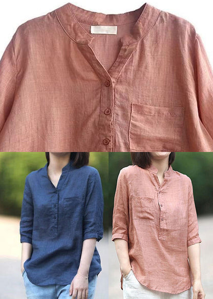 Pink Stand Collar Pockets Linen Blouses Top Half Sleeve