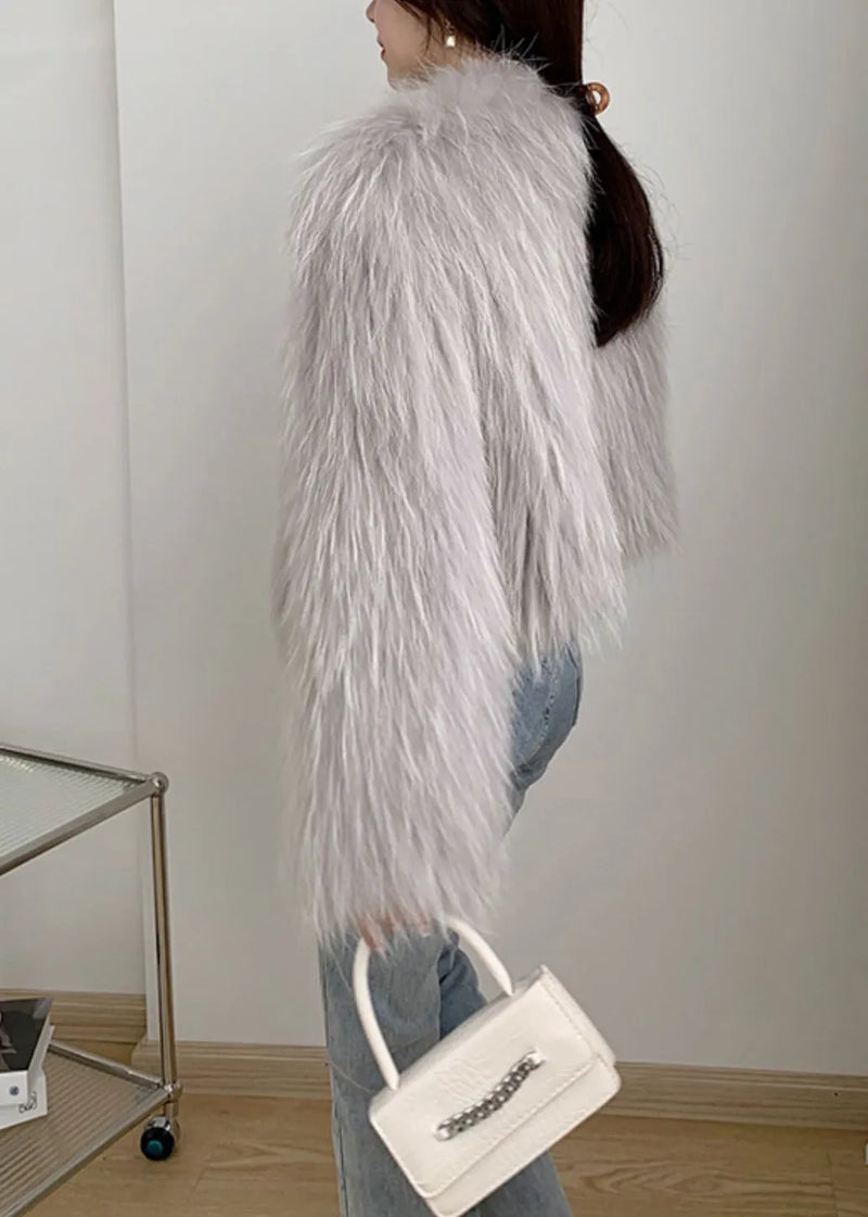 White Patchwork Faux Fur Coat V Neck Winter