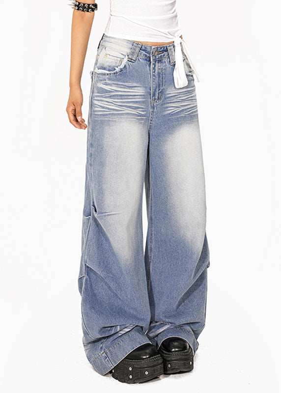 Light Blue Wrinkled Pockets Patchwork Wide Leg Jeans