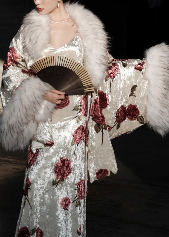 Autumn New Rose Print Fur Collar Silk Dress Two Piece Set